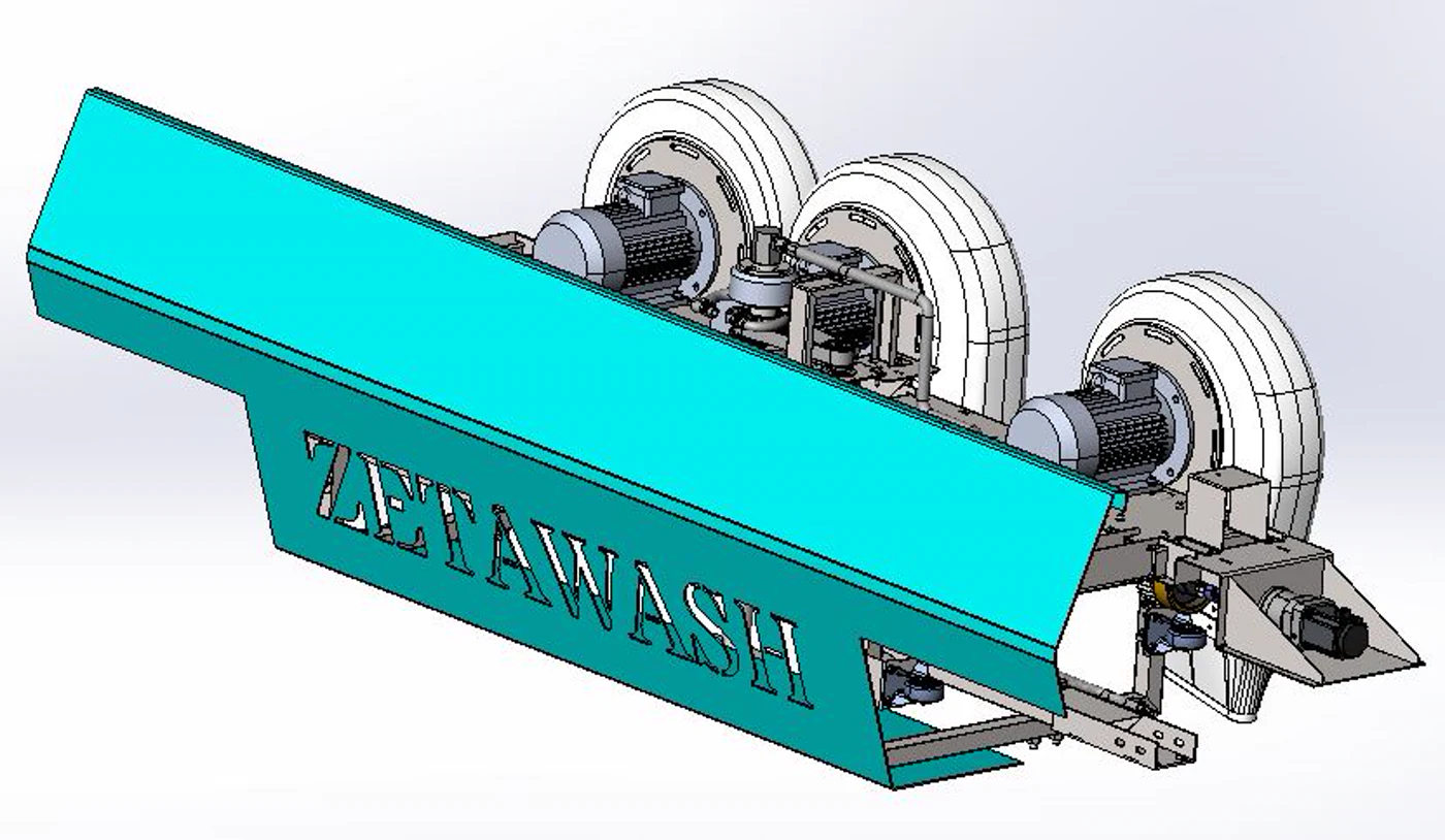 ZetaWash kurutma köprüsü CAD tasarımı, blower üniteleri ve tahrik motorlarıyla