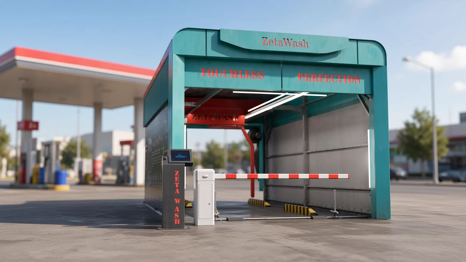 ZetaWash yıkama ünitesi istasyon sahasında yandan görünüm, ödeme kiosku ile