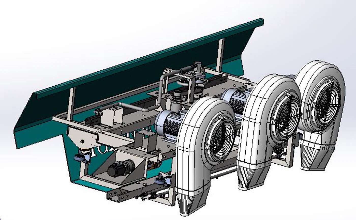 ZetaWash kurutma ünitesinin tasarım modeli — üç blower, hava kanalları ve taşıyıcı şasi