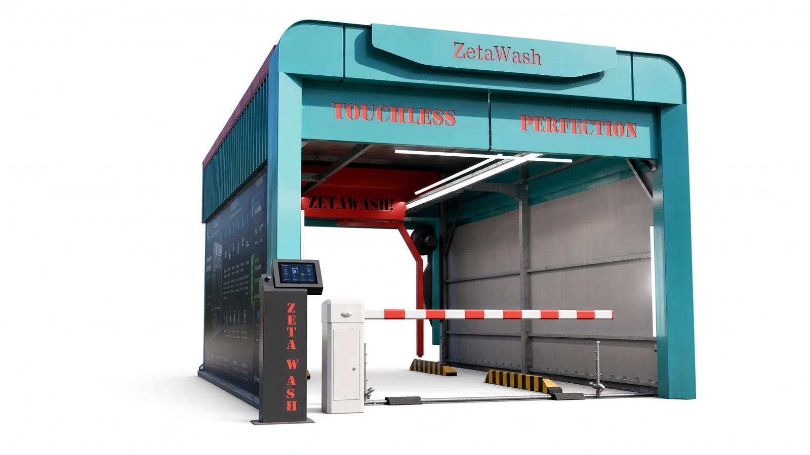 ZetaWash temassız araç yıkama makinesi, ödeme kiosku ve giriş bariyeriyle genel görünüm