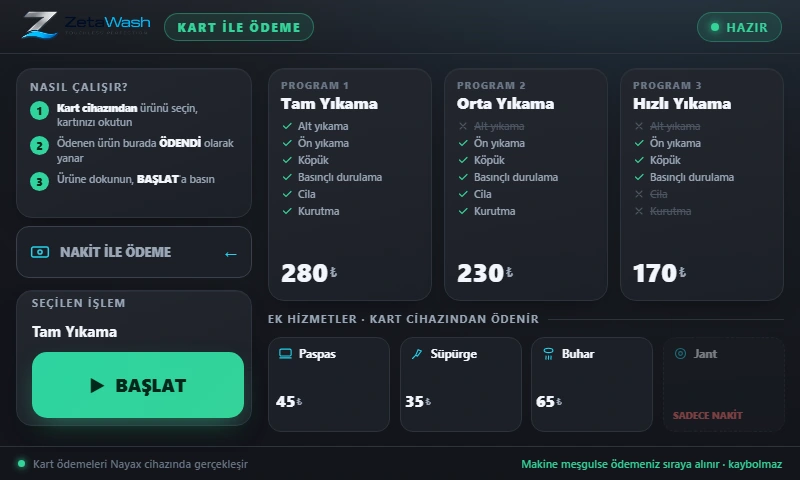 ZetaWash ödeme kiosku kart ekranı — yıkama programları, program adımları ve ek hizmetler
