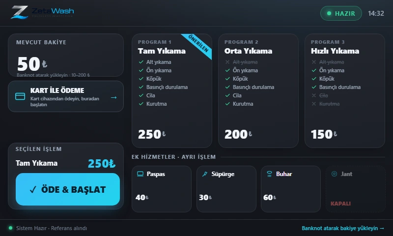Araç yıkama kiosku nakit ödeme ekranı: banknot ile bakiye yükleme ve mevcut bakiye göstergesi
