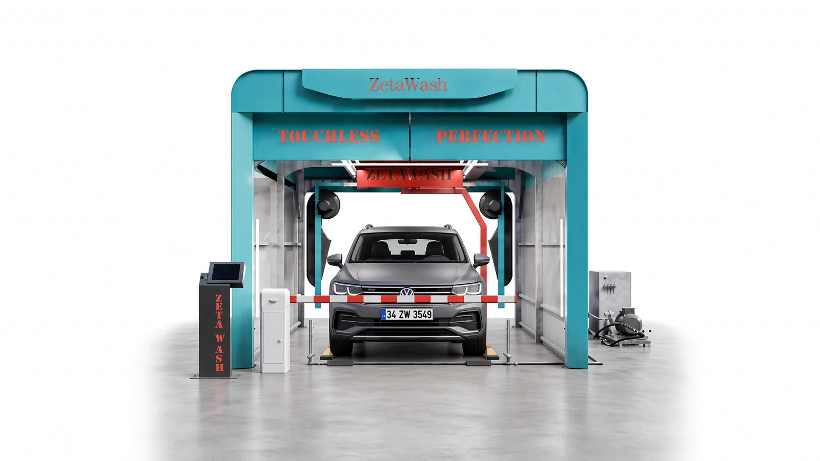 ZetaWash temassız araç yıkama makinesi genel görünüm — portal gövde, ödeme kiosku ve giriş bariyeri